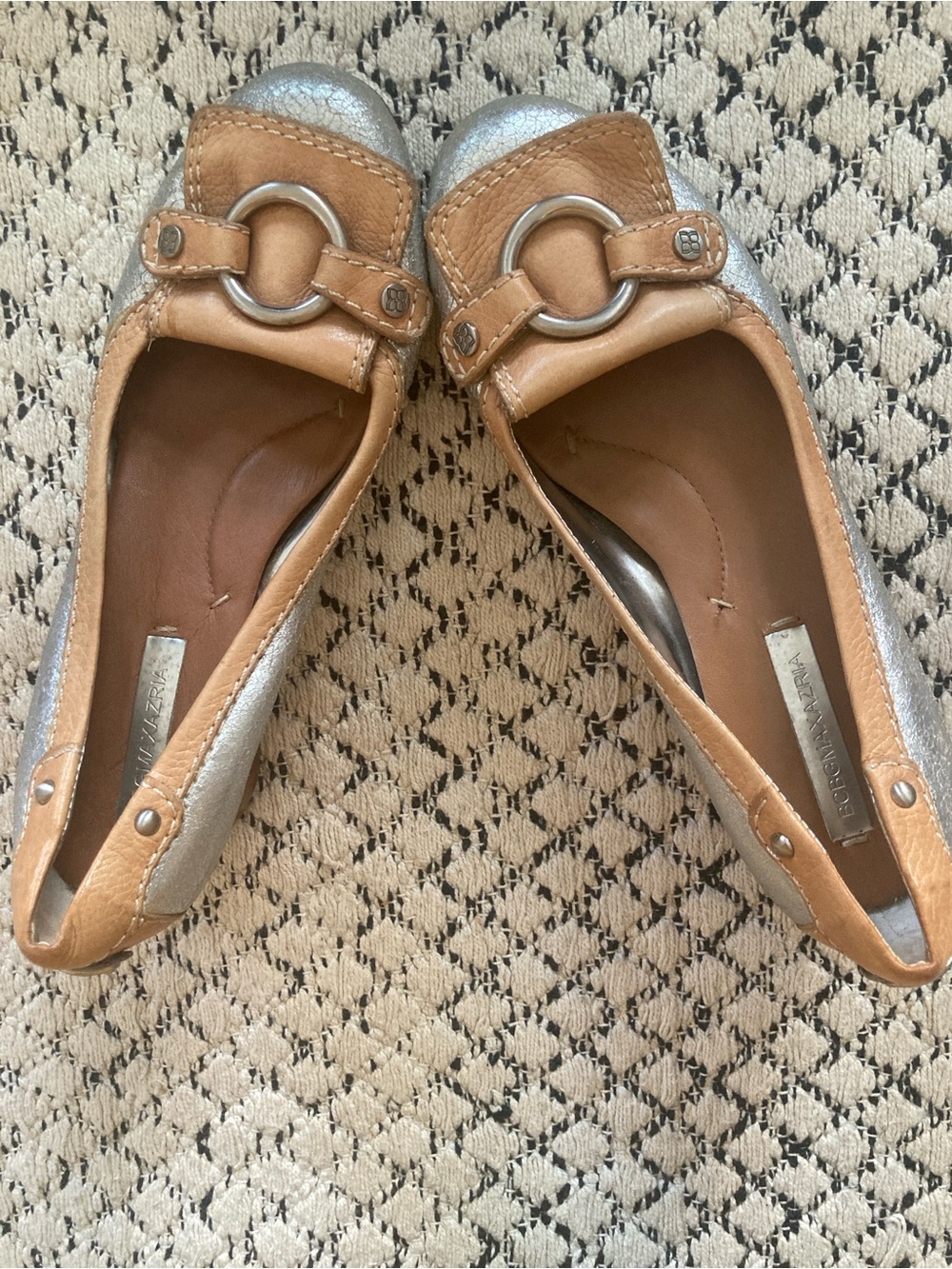 BCBGMaxAzria Tan Leather and Silver Metallic Ballet Flats